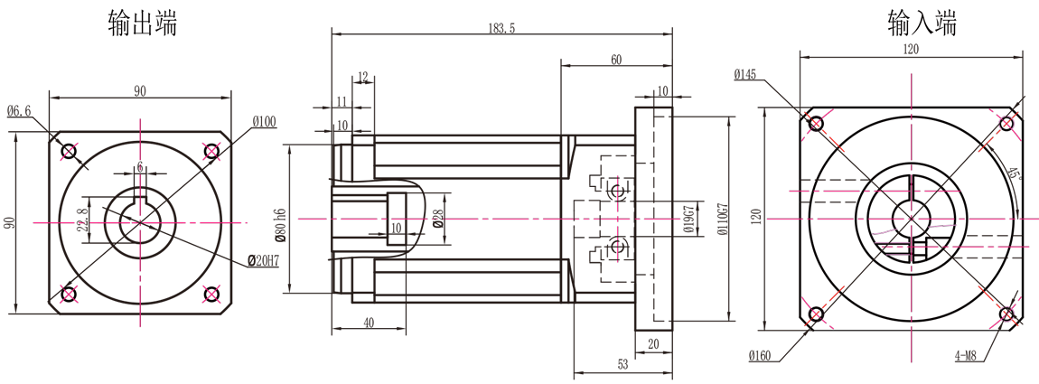 AB90转120三级孔输出外形图