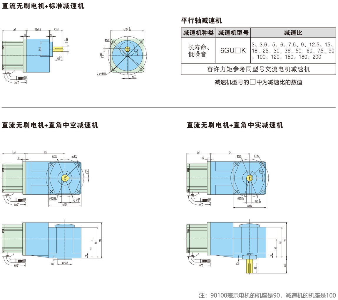 90100系列直流无刷减速电机尺寸图